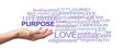 Even though we all think we have a different purpose in life the basic human purpose is to love unconditionally - female hand surrounded by a PURPOSE word cloud isolated on white background