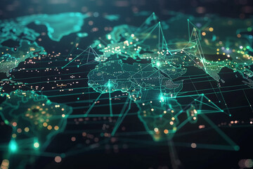 High tech digital world map with glowing connections between countries representing global business networks and the flow of information