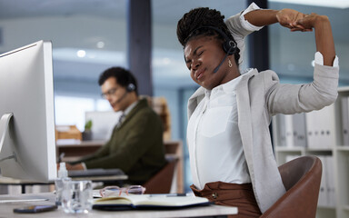 Wall Mural - Business woman, call center agent and stretching with headphones and computer for telemarketing and rest. Black female employee and burnout with tech and stress from customer support and advice