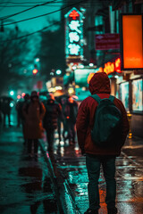 Wall Mural - A man in a red jacket stands on a wet street in the rain