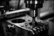 High-speed drill press piercing steel, detailed view of the precise metalwork and mechanical beauty