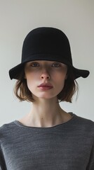 Canvas Print - A woman wearing a black hat with her eyes closed, AI