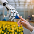 Person Touching Robot Hand in Yellow Flower Field. Generative AI