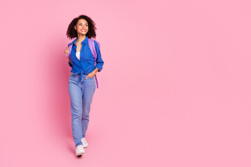 Sticker - Photo of lovely cute funny girl wear trendy blue clothes look empty space news isolated on pink color background