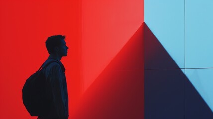 Wall Mural - A man with a backpack standing in front of red and blue wall, AI