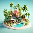 A beautiful low poly render of a beach house with a pool on a tropical island