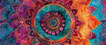 Colorful Mandala Design With Intricate Patterns In Rich Jewel Tones, Bohemian Style, Vibrant And Unique.