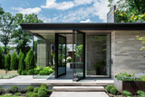 Fototapeta Nowy Jork - A contemporary home with a striking entrance featuring a glass pivot door and minimalist landscaping.