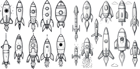 Poster - Cartoon and doodle line space rockets set vector illustration