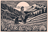 Fototapeta  - Landscape with an Indian chief on horseback, Vector illustration