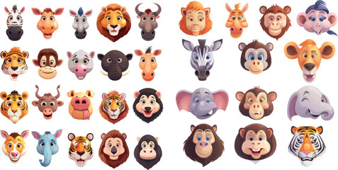 Sticker - Animal emoticons. Horse and zebra heads, monkey and dog face icons