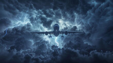 A Passenger Plane Navigating Through A Turbulent Night Sky, Lit Up By Flashes Of Lightning