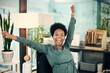 © peopleimages.com - Office, black woman and excited with target or career, growth and job opportunity as hr assistant. Portrait, female employee and happy for administration work, deadline and task or project with bonus
