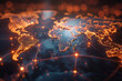 Illuminated global map highlighting financial centers, glowing connections weaving through continents