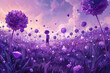 Illustrate a whimsical Chibi Art scene featuring a field of purple diamond flowers -
