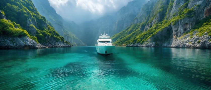 white cruise sailing in nature canal with beautiful view, Generative Ai