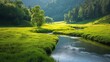 Peaceful green meadow with a tranquil stream running through it