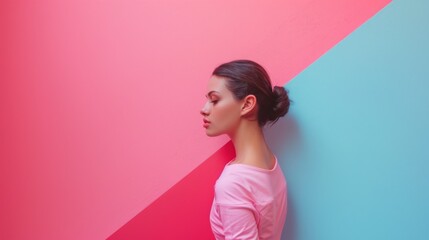 A woman in a pink shirt against two different colored walls, AI