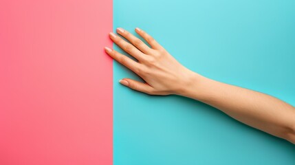 Wall Mural - A hand reaching out to touch a pink and blue wall, AI