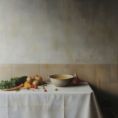 Wall Mural - Oil painting of kitchen table with vegetables and food, tomatoes, AI generated