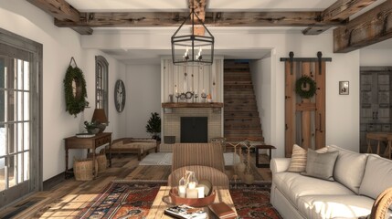 Wall Mural - Traditional farmhouse living room with rustic wood, antique accents, and cozy textiles for a warm and inviting feel