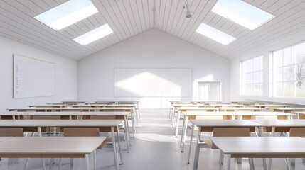 A classroom with many desks and a white board