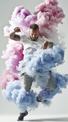 Man standing in vibrant pink and blue smoke cloud with white tshirt, mysterious and ethereal atmosphere