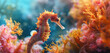 A close-up of a graceful seahorse clinging to a piece of coral, its body camouflaged amongst the vibrant reef.