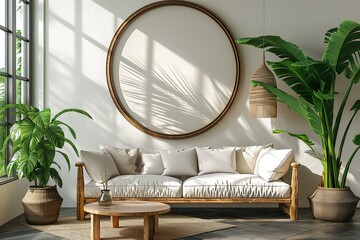 Wall Mural - mockup design blank circle photo frame hanging on wall at cozy living room, boho style interior room with sunlight, light and shadow play, Generative Ai