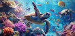A playful group of sea turtles swimming through a coral reef teeming with colorful fish.