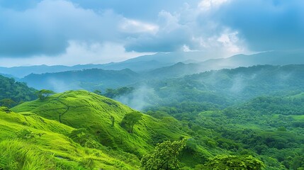 Poster - A scenic panorama of rolling hills and lush greenery, perfect for travel blogs