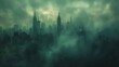 A dark and foggy city with a green tint.