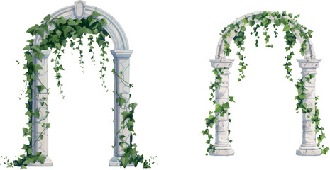 Canvas Print - Ivy arches. Historic gardens arc with marble pillar, wedding gate old castle entrance, arch with vines green creeper portal