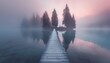 Tranquil misty sunrise at wooden bridge over calm lake surrounded by serene trees