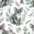 Koala with eucalyptus branch decor seamless pattern. Watercolor illustration. Australia native wildlife animal. Cute koala bear with eucalyptus tree twigs element seamless pattern. White background