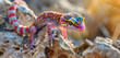 A close-up of a colorful gecko clinging to a sun-warmed rock face, its patterned skin blending with the surroundings.