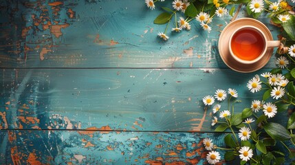 Wall Mural - A Cup of Tea Surrounded by Daisies and Leaves