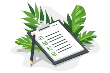 Checklist illustration with green leaves, Concept of eco-friendly business practices and sustainability goals.