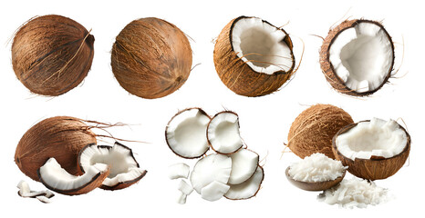 Poster - Coconut coconut fruit, many angles and view side top front group sliced halved cut isolated on transparent background cutout, PNG file. Mockup template for artwork graphic design