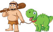 Cartoon caveman with dinosaur dog vector illustration
