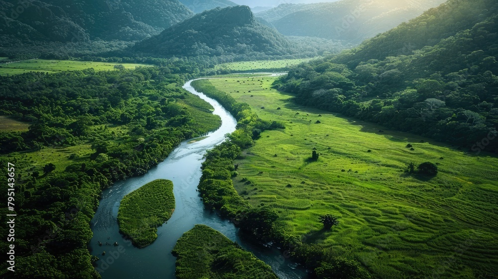 A tranquil river winding its way through a lush valley, its waters a ...