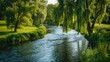 A tranquil river winding its way through a picturesque countryside, its banks lined with willow trees that sway in the breeze.
