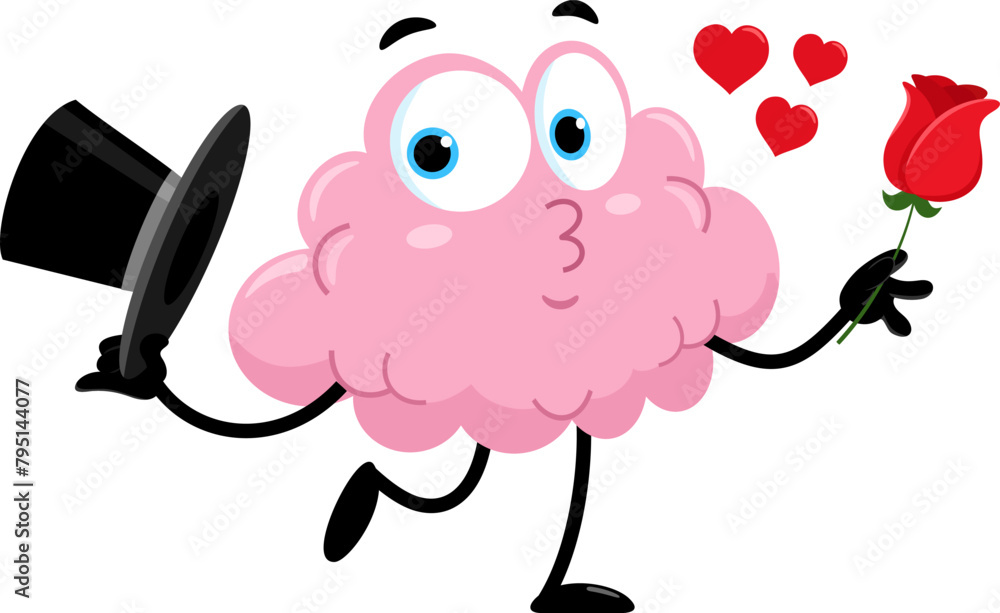 Romantic Brain Cartoon Character Holding A Rose. Vector Illustration ...