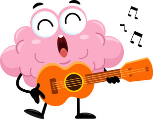 Wall Mural - Funny Brain Cartoon Character Playing A Guitar And Singing. Vector Illustration Flat Design Isolated On Transparent Background