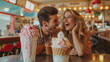 © Maksym - A romantic shot captures a couple's shared enjoyment of ice cream sundaes and shakes at a vintage dessert parlor, their laughter adding sweetness to the indulgent treats.