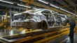A worker oversees the assembly line as a car's metallic body is prepared in a modern automotive factory. Created with Generative AI