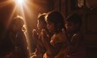 © Anastasia - Group of children praying in dark room with sun light going through window