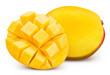Mango half. Mango clipping path. Organic mango fruit macro studio photo. Full depth of field