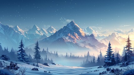 Wall Mural - Snowy Mountain Scene With Pine Trees