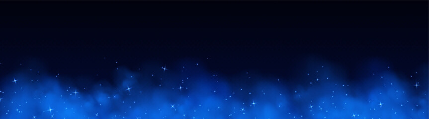 Wall Mural - blue magic smoke with stars and sparkles, fog with glowing particles, colorful vapor with star dust.